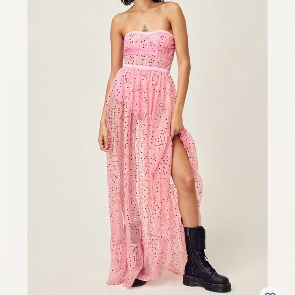 For Love & Lemons Manic Monday Embellished Corset Strapless Mesh Maxi Dress - Picture 2 of 10
